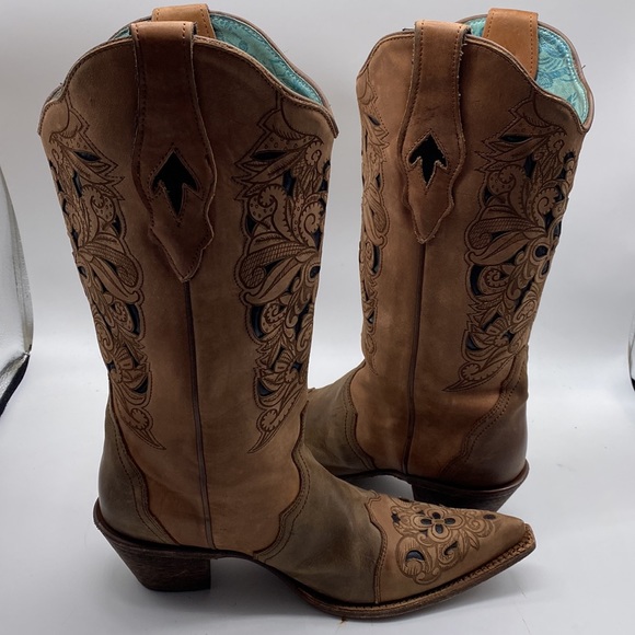 CORRAL Cowgirl Western Laser Tooled Snip Toe Boots Size 10M - Picture 7 of 14